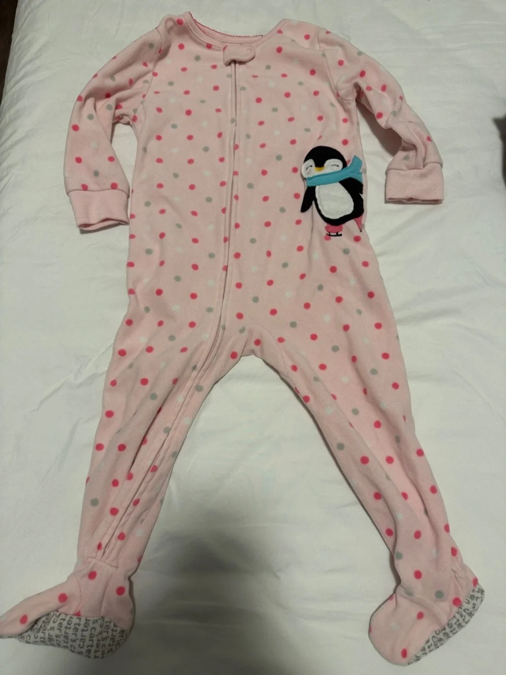 Pink Polka Dot Penguin One-Piece Footed Pajamas 24 months